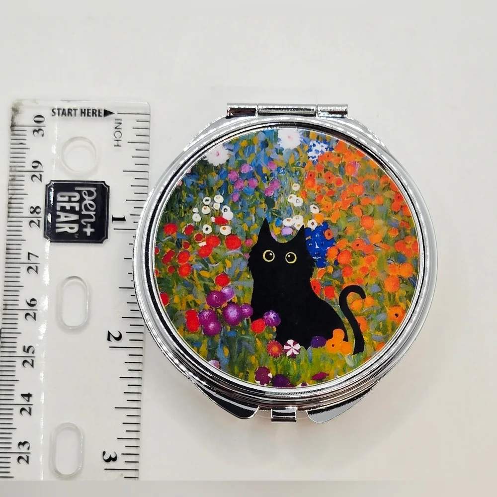 Colorful Floral Black Cat 3 Compartment Travel Pill Organizer Compact
